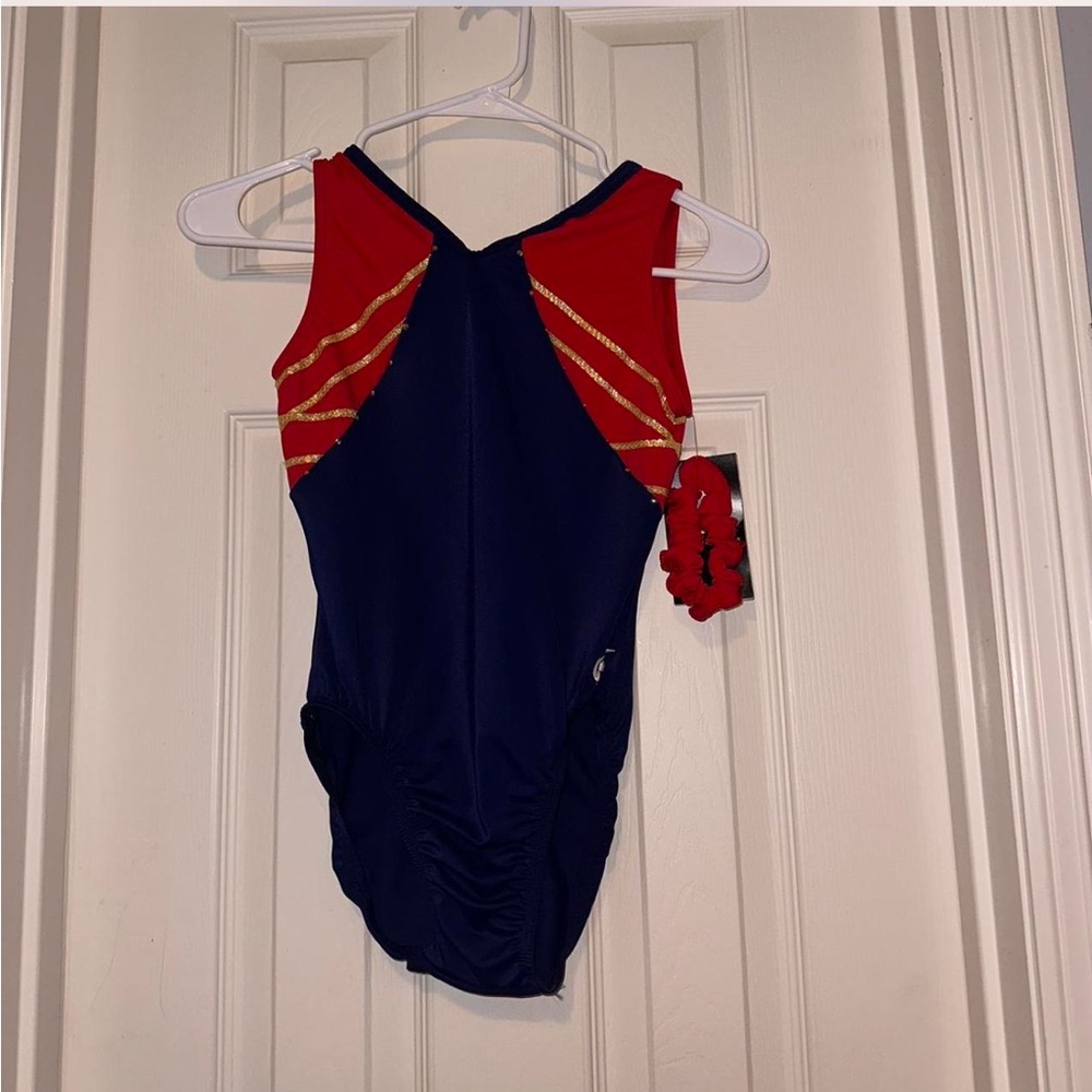 NWT GK Elite Blue Red and Gold Leotard